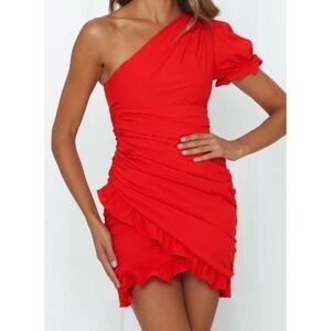Valentines Ruched Bodycon Mini Red Dress Large 8 Ruffle One Shoulder Hello Molly